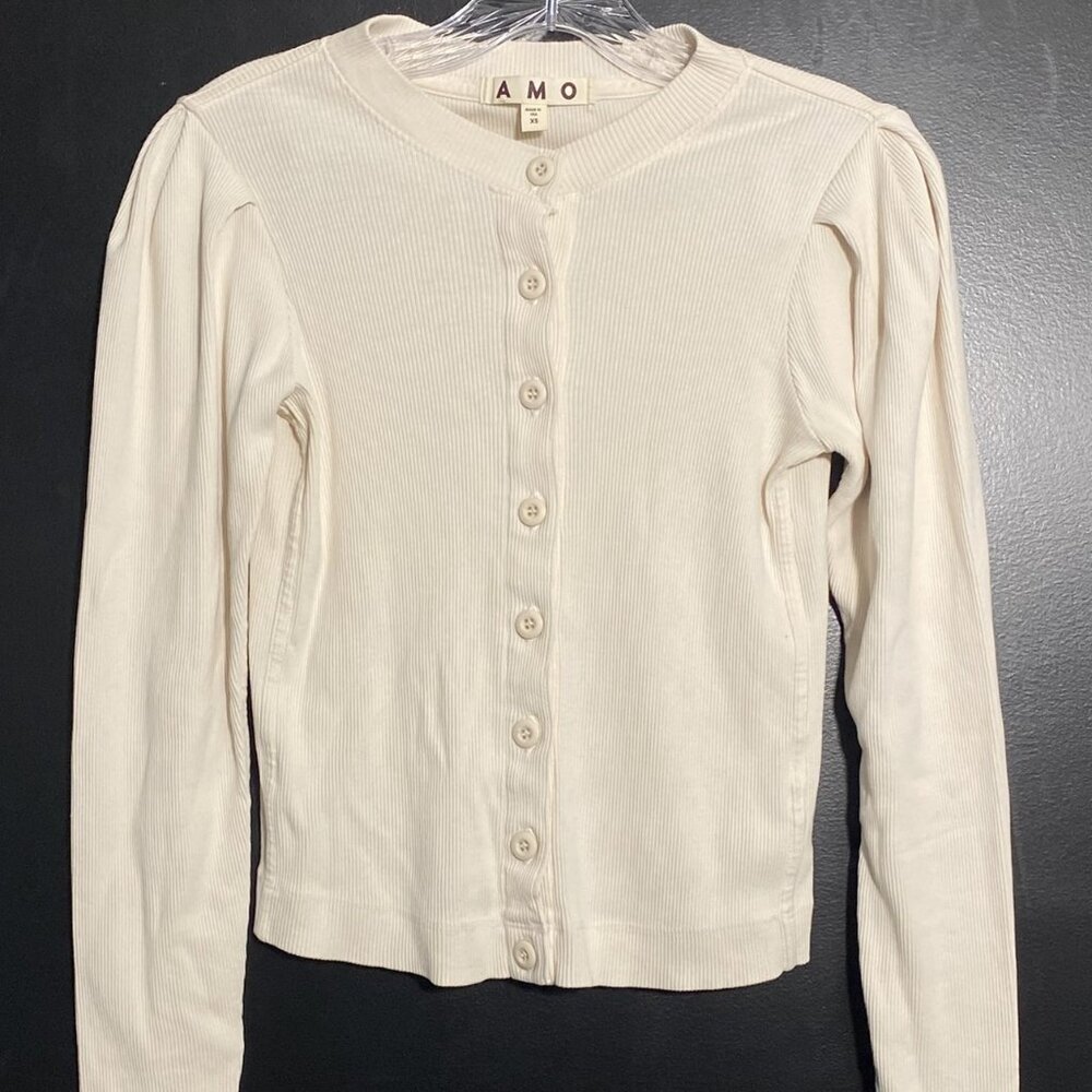AMO Cotton Rib Puff Sleeve Cardigan NEW